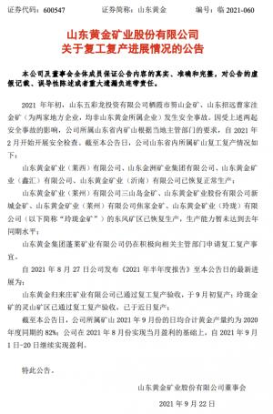 山东黄金披露山东省内所属矿山复工复产情况